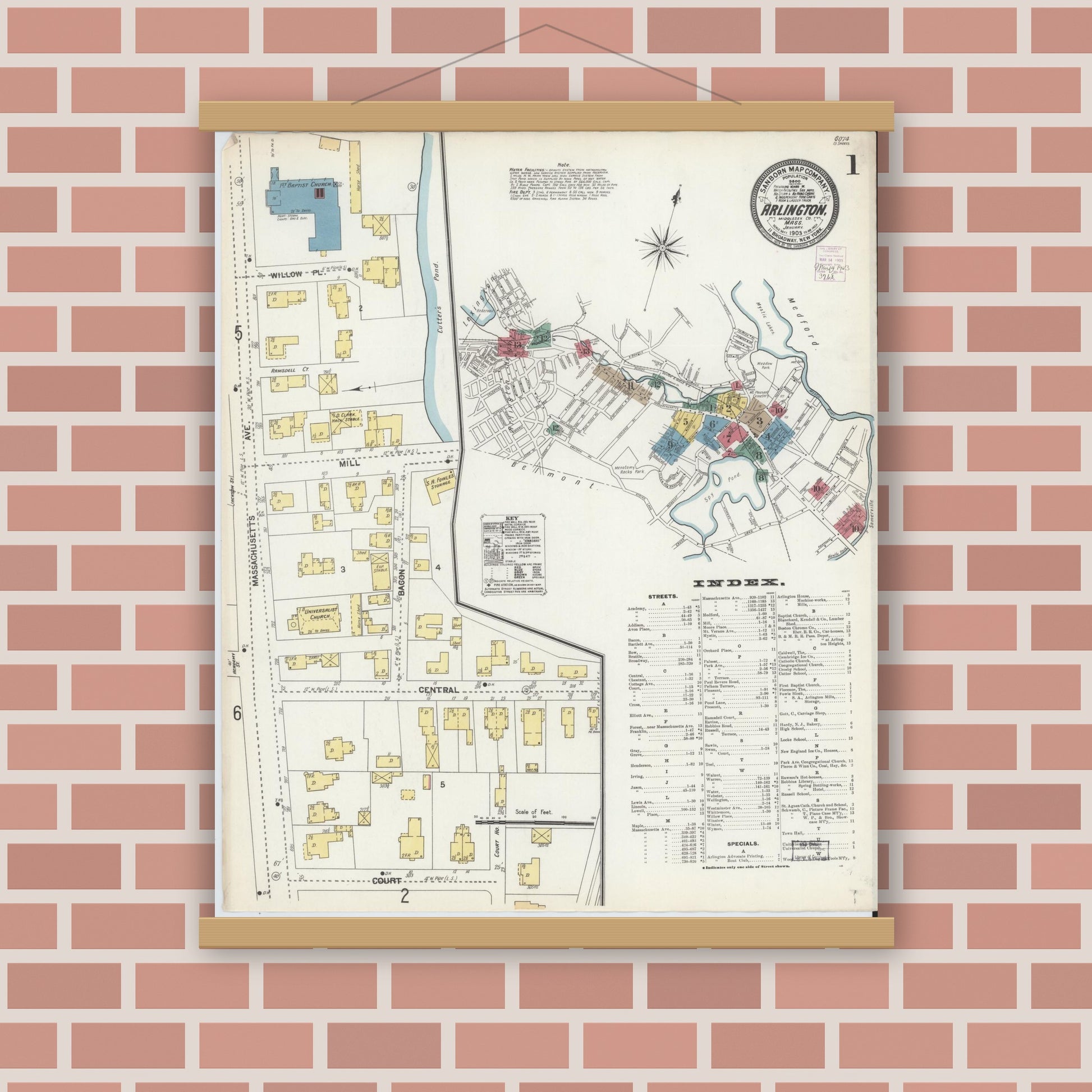Old map wall art mockup — magnetic wood frame on brick wall — Sanborn Fire Insurance Map from Arlington, Middlesex County, Massachusetts (1903) - Complete Map Set