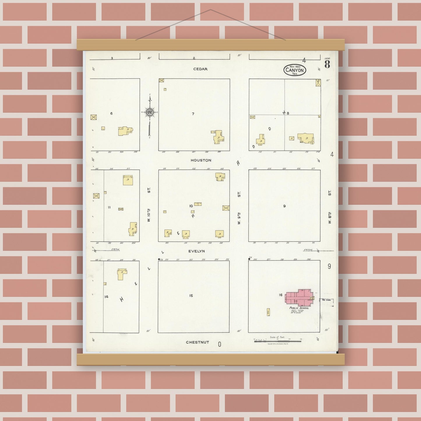 Old map wall art mockup — magnetic wood frame on brick wall — Sanborn Fire Insurance Map from Canyon, Randall County, Texas (1920), Sheet #0008