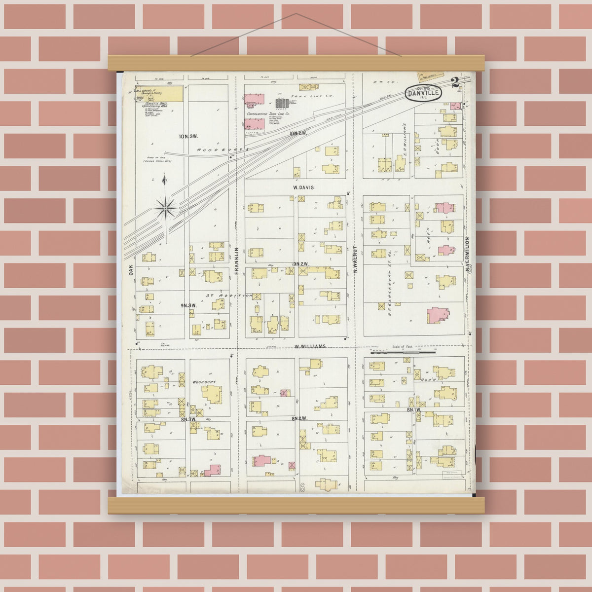Old map wall art mockup — magnetic wood frame on brick wall — Sanborn Fire Insurance Map from Danville, Vermilion County, Illinois (1895), Sheet #0002