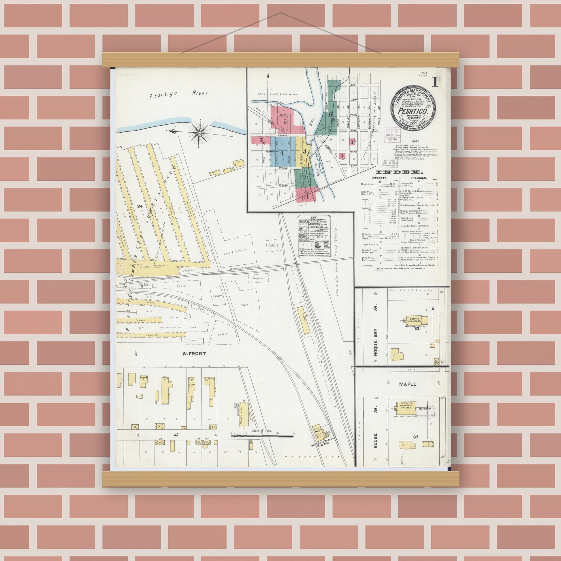 Old map wall art mockup — magnetic wood frame on brick wall — Sanborn Fire Insurance Map from Peshtigo, Marinette County, Wisconsin (1904) - Complete Map Set