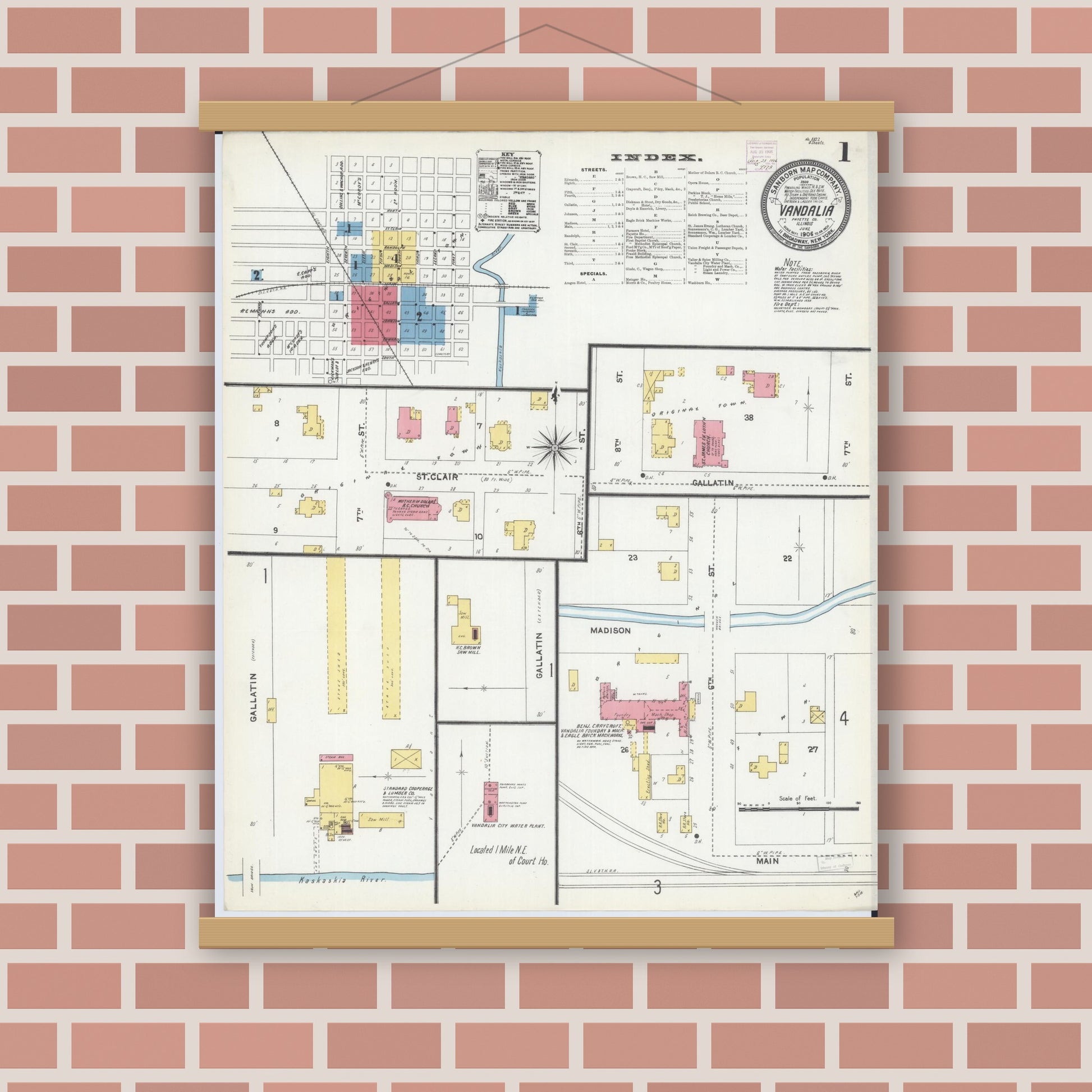 Old map wall art mockup — magnetic wood frame on brick wall — Sanborn Fire Insurance Map from Vandalia, Fayette County, Illinois (1906) - Complete Map Set