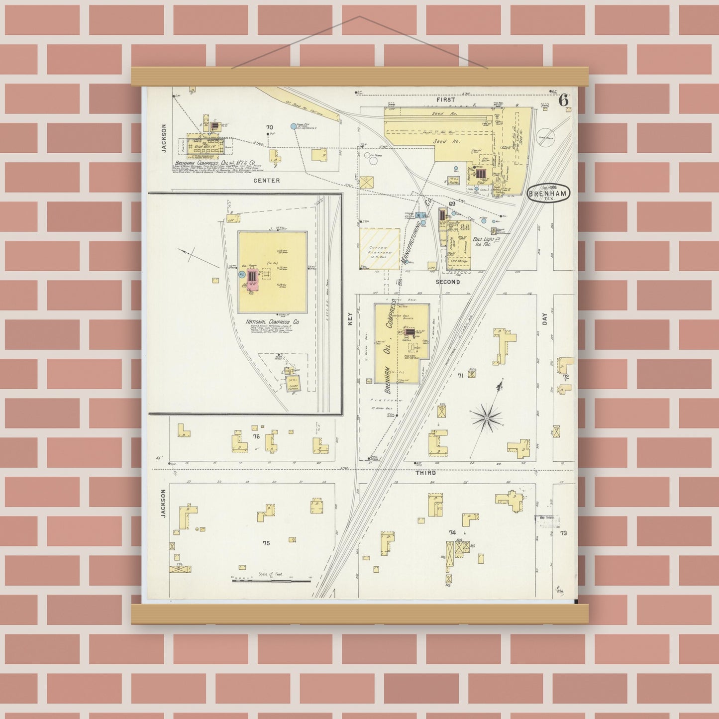 Old map wall art mockup — magnetic wood frame on brick wall — Sanborn Fire Insurance Map from Brenham, Washington County, Texas (1896), Sheet #0006