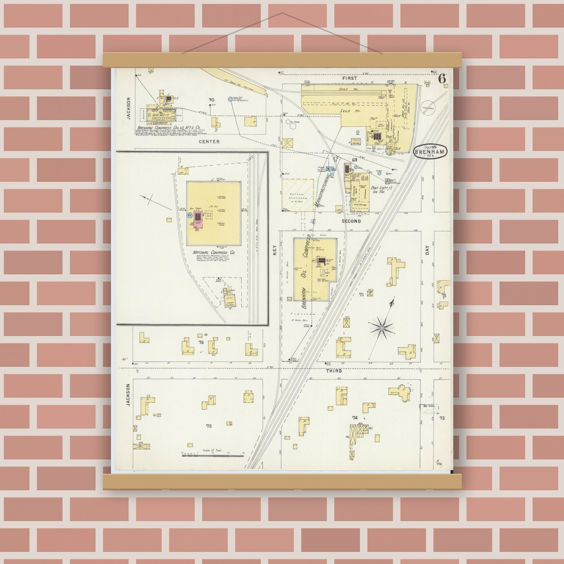 Old map wall art mockup — magnetic wood frame on brick wall — Sanborn Fire Insurance Map from Brenham, Washington County, Texas (1896), Sheet #0006