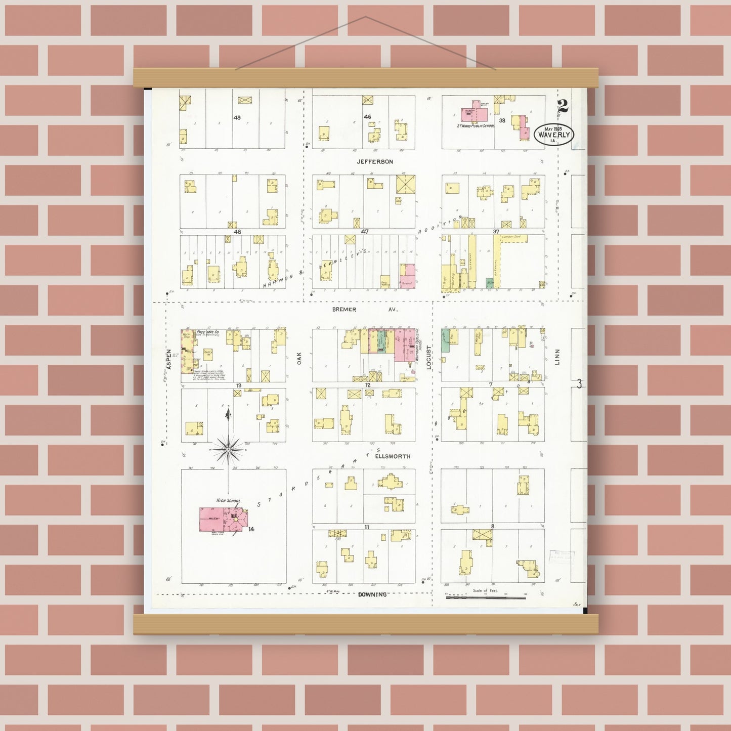Old map wall art mockup — magnetic wood frame on brick wall — Sanborn Fire Insurance Map from Waverly, Bremer County, Iowa (1905), Sheet #0002