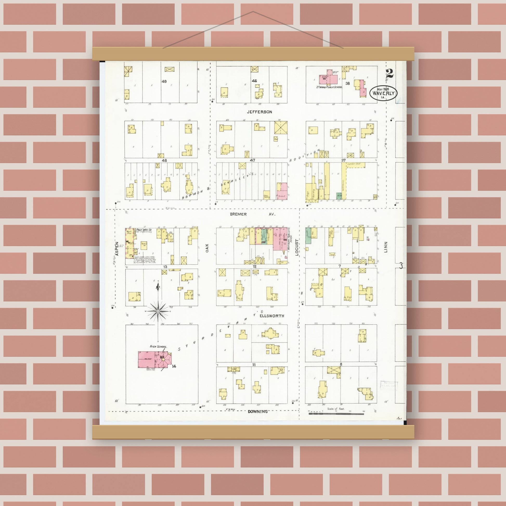 Old map wall art mockup — magnetic wood frame on brick wall — Sanborn Fire Insurance Map from Waverly, Bremer County, Iowa (1905), Sheet #0002