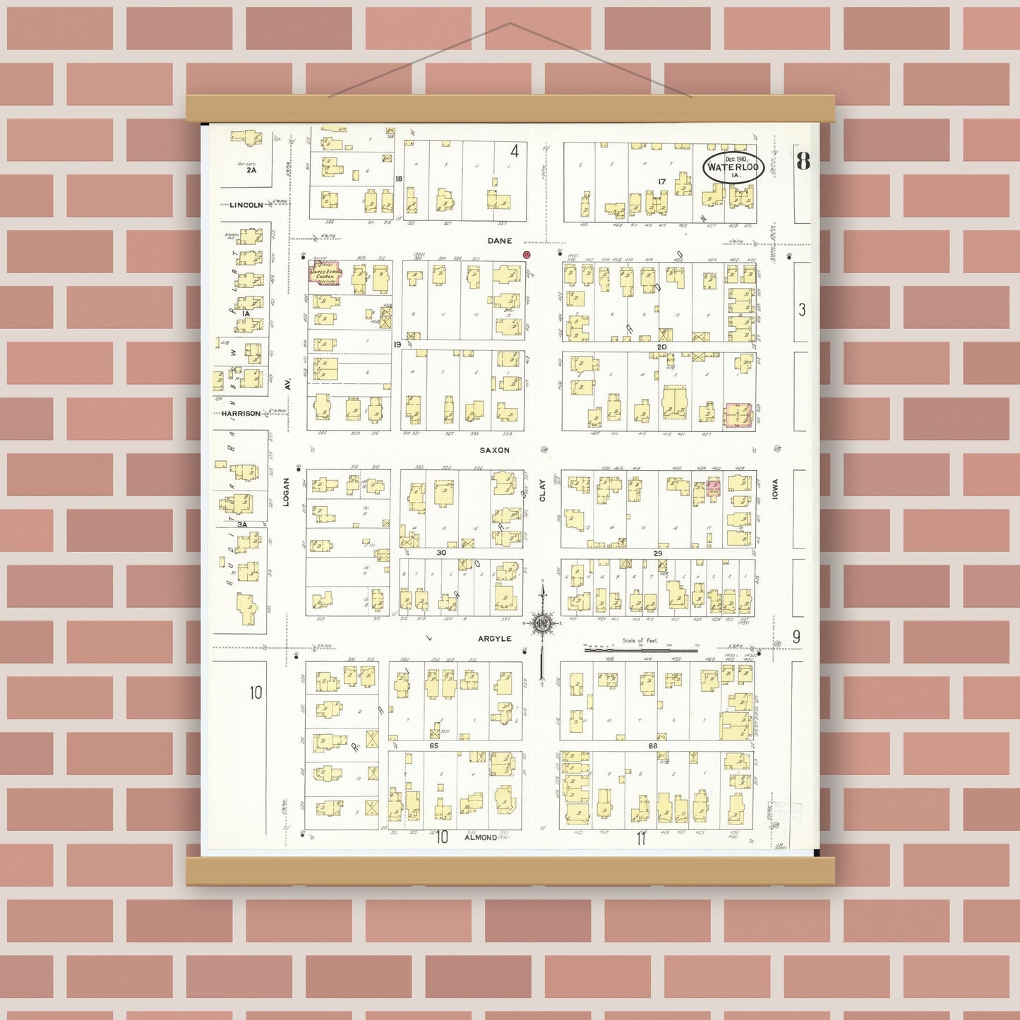 Old map wall art mockup — magnetic wood frame on brick wall — Sanborn Fire Insurance Map from Waterloo, Black Hawk County, Iowa (1910), Sheet #0008