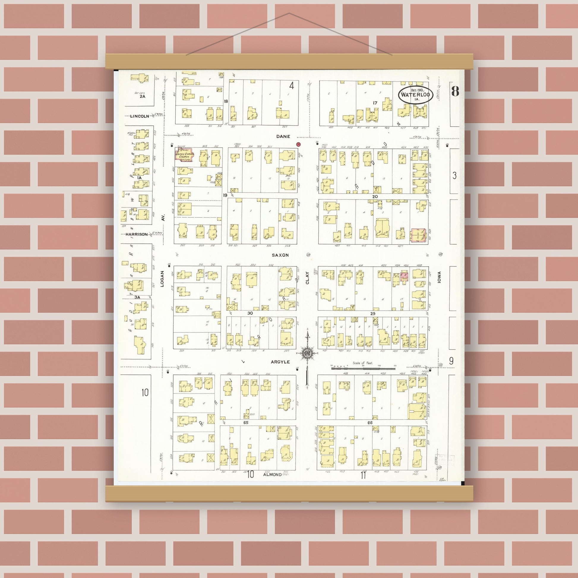 Old map wall art mockup — magnetic wood frame on brick wall — Sanborn Fire Insurance Map from Waterloo, Black Hawk County, Iowa (1910), Sheet #0008
