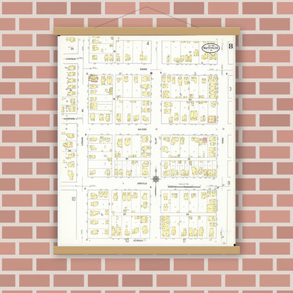 Old map wall art mockup — magnetic wood frame on brick wall — Sanborn Fire Insurance Map from Waterloo, Black Hawk County, Iowa (1910), Sheet #0008