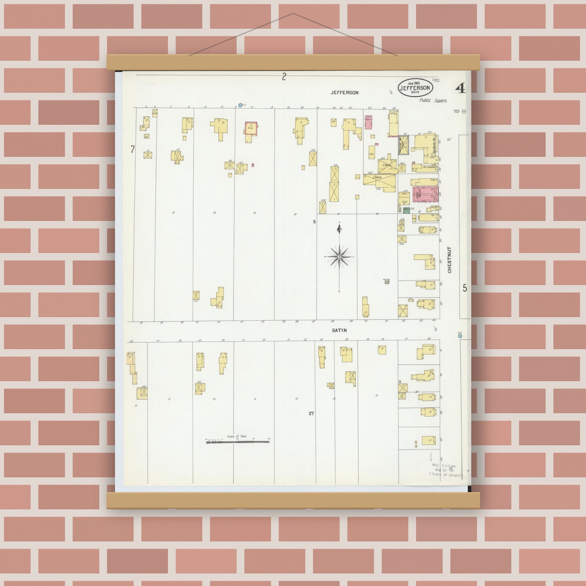 Old map wall art mockup — magnetic wood frame on brick wall — Sanborn Fire Insurance Map from Jefferson, Ashtabula County, Ohio (1902), Sheet #0004