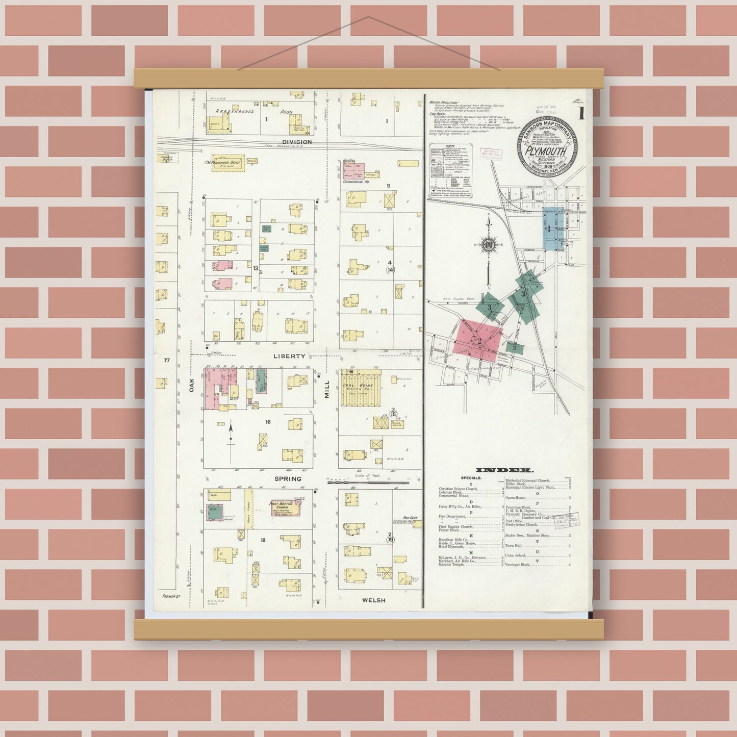 Old map wall art mockup — magnetic wood frame on brick wall — Sanborn Fire Insurance Map from Plymouth, Wayne County, Michigan (1909), Sheet #0001