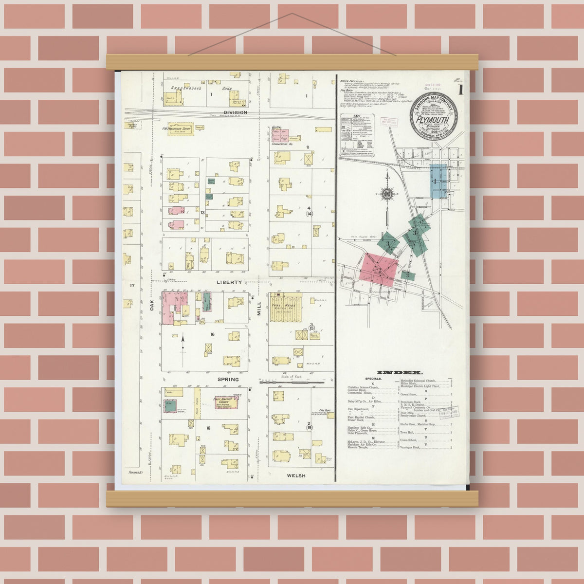 Old map wall art mockup — magnetic wood frame on brick wall — Sanborn Fire Insurance Map from Plymouth, Wayne County, Michigan (1909), Sheet #0001