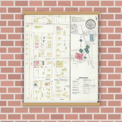 Old map wall art mockup — magnetic wood frame on brick wall — Sanborn Fire Insurance Map from Plymouth, Wayne County, Michigan (1909), Sheet #0001