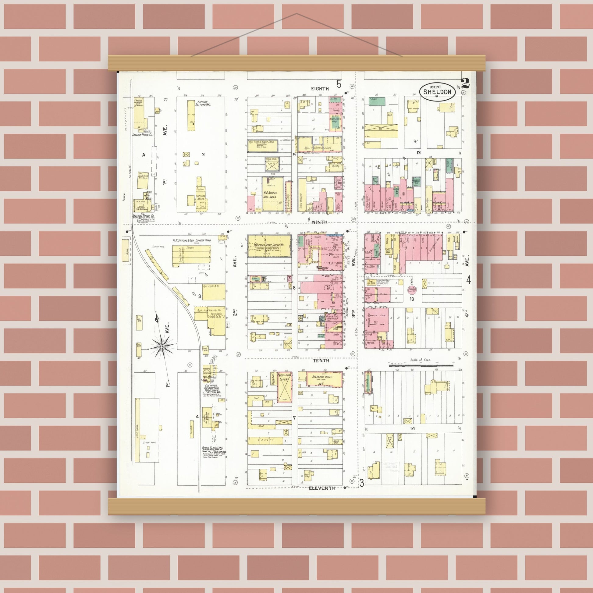 Old map wall art mockup — magnetic wood frame on brick wall — Sanborn Fire Insurance Map from Sheldon, O'Brien County, Iowa (1901), Sheet #0002