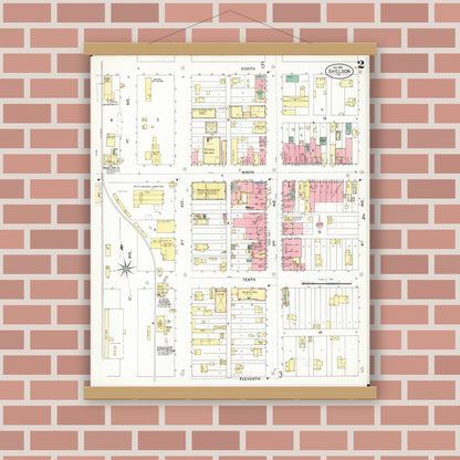 Old map wall art mockup — magnetic wood frame on brick wall — Sanborn Fire Insurance Map from Sheldon, O'Brien County, Iowa (1901), Sheet #0002