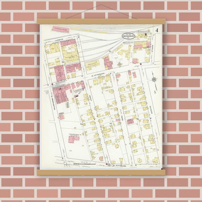 Old map wall art mockup — magnetic wood frame on brick wall — Sanborn Fire Insurance Map from Greensburg, Westmoreland County, Pennsylvania (1915), Sheet #0004
