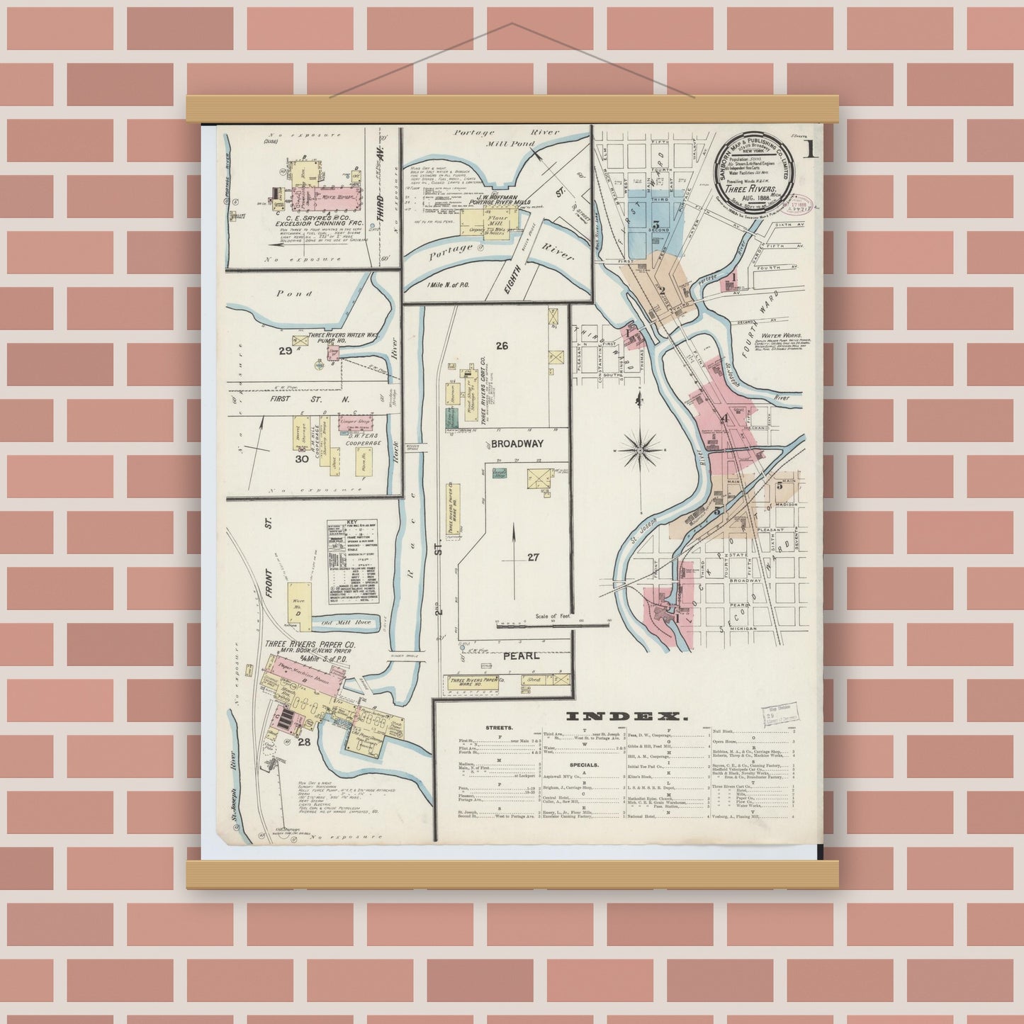Old map wall art mockup — magnetic wood frame on brick wall — Sanborn Fire Insurance Map from Three Rivers, Saint Joseph County, Michigan (1888) - Complete Map Set