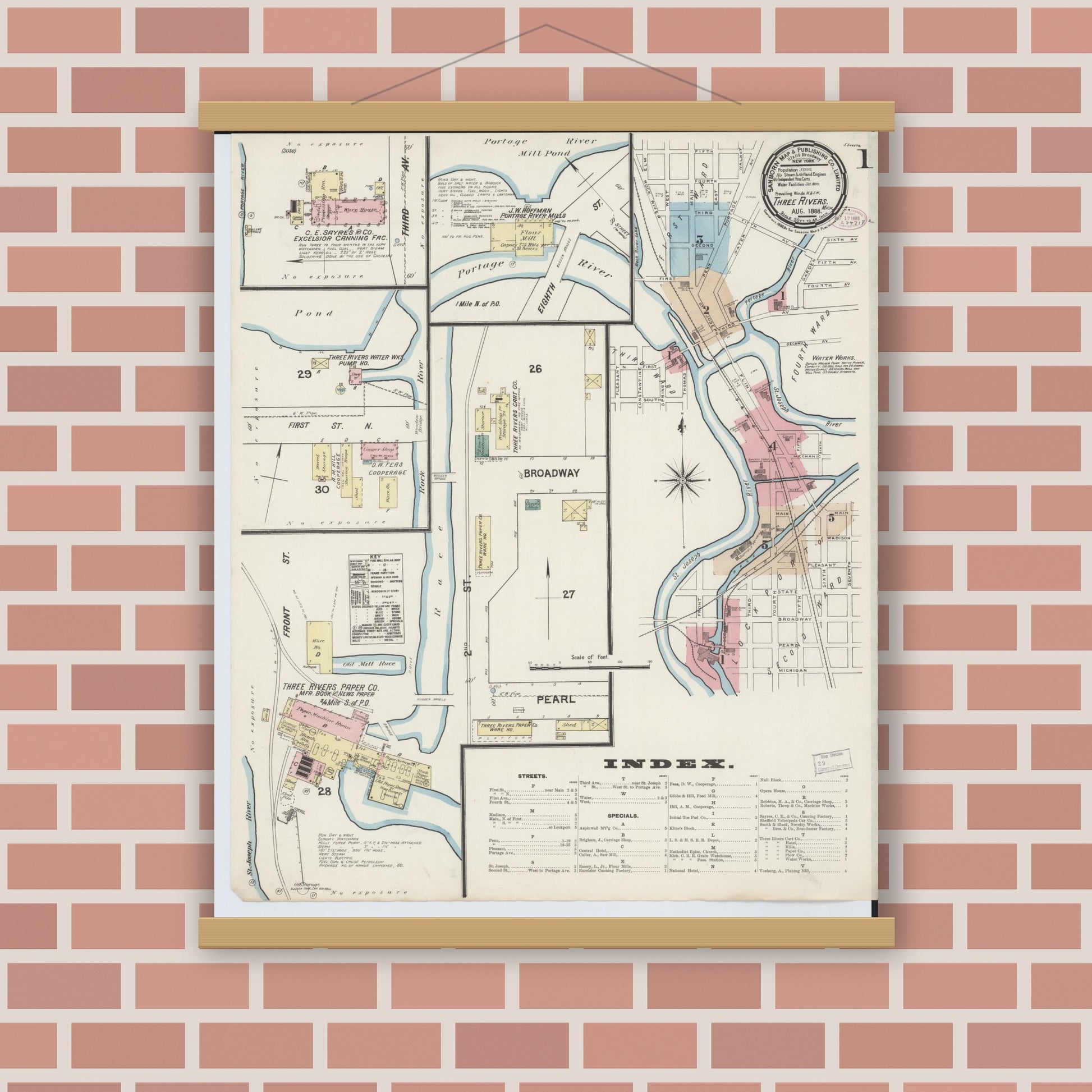 Old map wall art mockup — magnetic wood frame on brick wall — Sanborn Fire Insurance Map from Three Rivers, Saint Joseph County, Michigan (1888) - Complete Map Set
