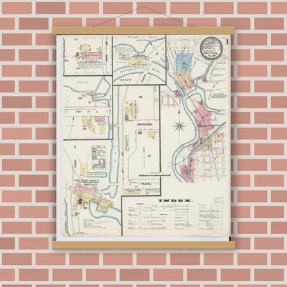 Old map wall art mockup — magnetic wood frame on brick wall — Sanborn Fire Insurance Map from Three Rivers, Saint Joseph County, Michigan (1888) - Complete Map Set