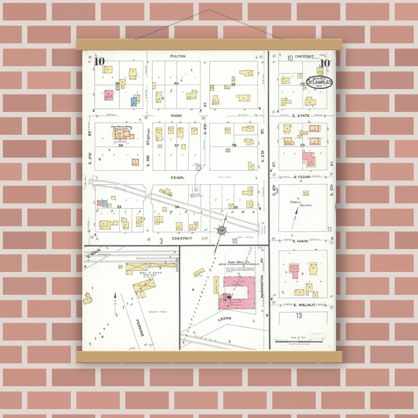 Old map wall art mockup — magnetic wood frame on brick wall — Sanborn Fire Insurance Map from Saint Charles, Kane County, Illinois (1923), Sheet #0010