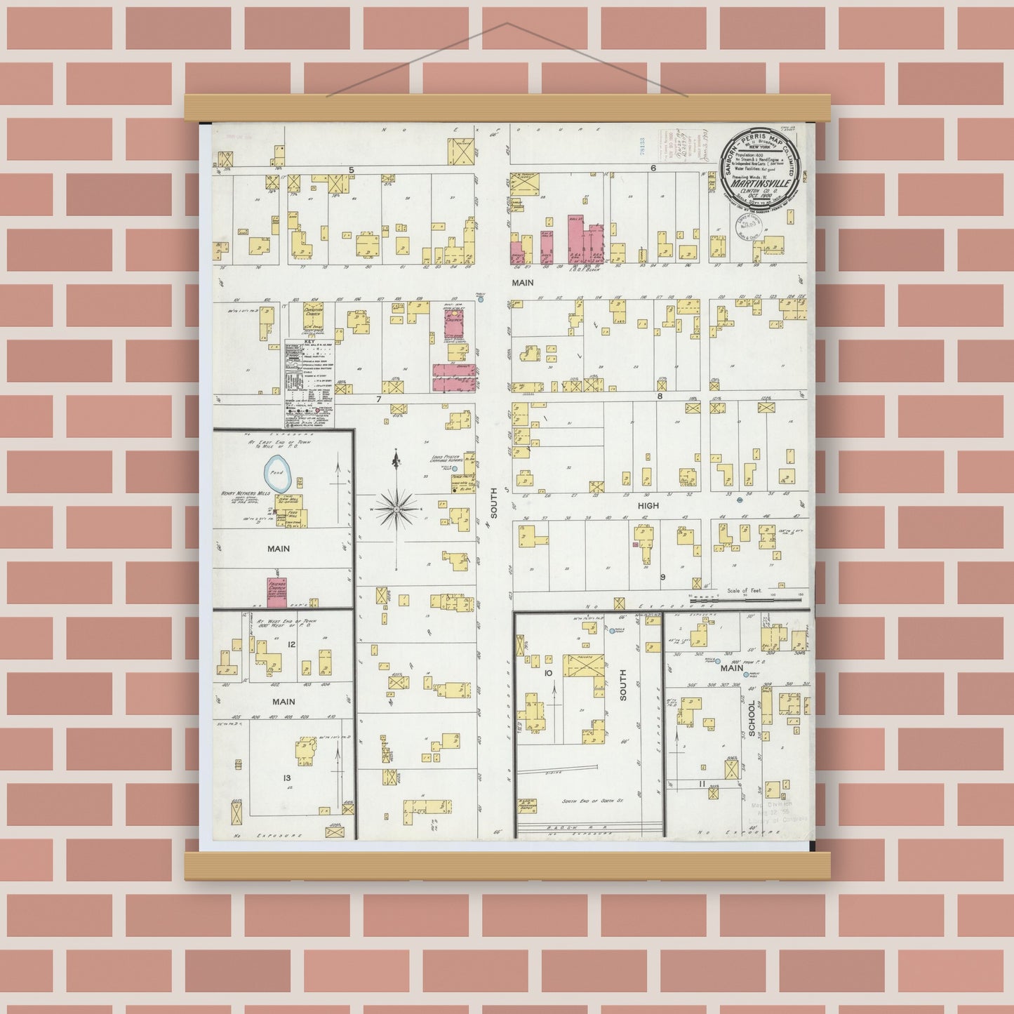 Old map wall art mockup — magnetic wood frame on brick wall — Sanborn Fire Insurance Map from Martinsville, Clinton County, Ohio (1900), Sheet #0001