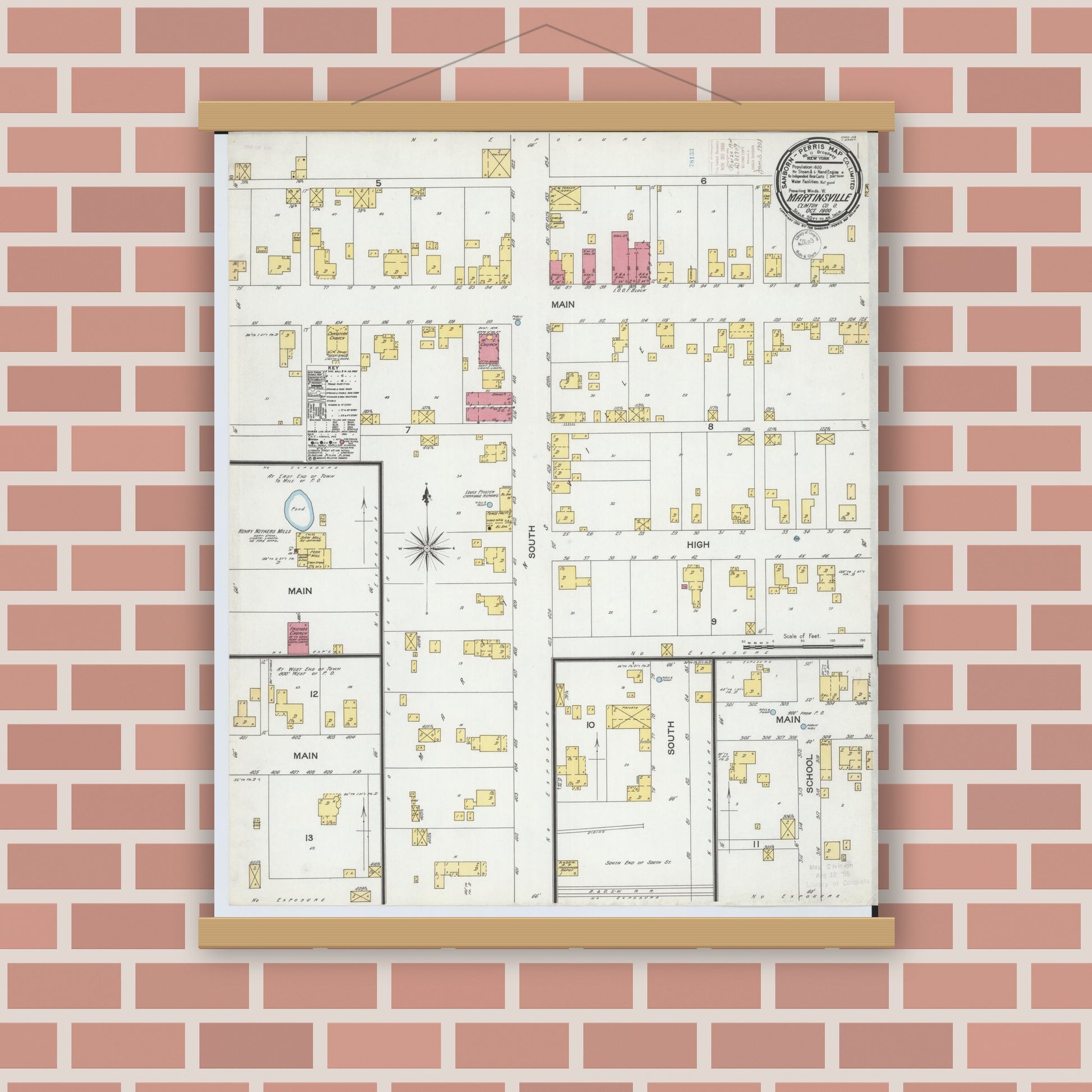 Old map wall art mockup — magnetic wood frame on brick wall — Sanborn Fire Insurance Map from Martinsville, Clinton County, Ohio (1900), Sheet #0001