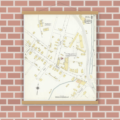 Old map wall art mockup — magnetic wood frame on brick wall — Sanborn Fire Insurance Map from Evans City, Butler County, Pennsylvania (1912), Sheet #0002