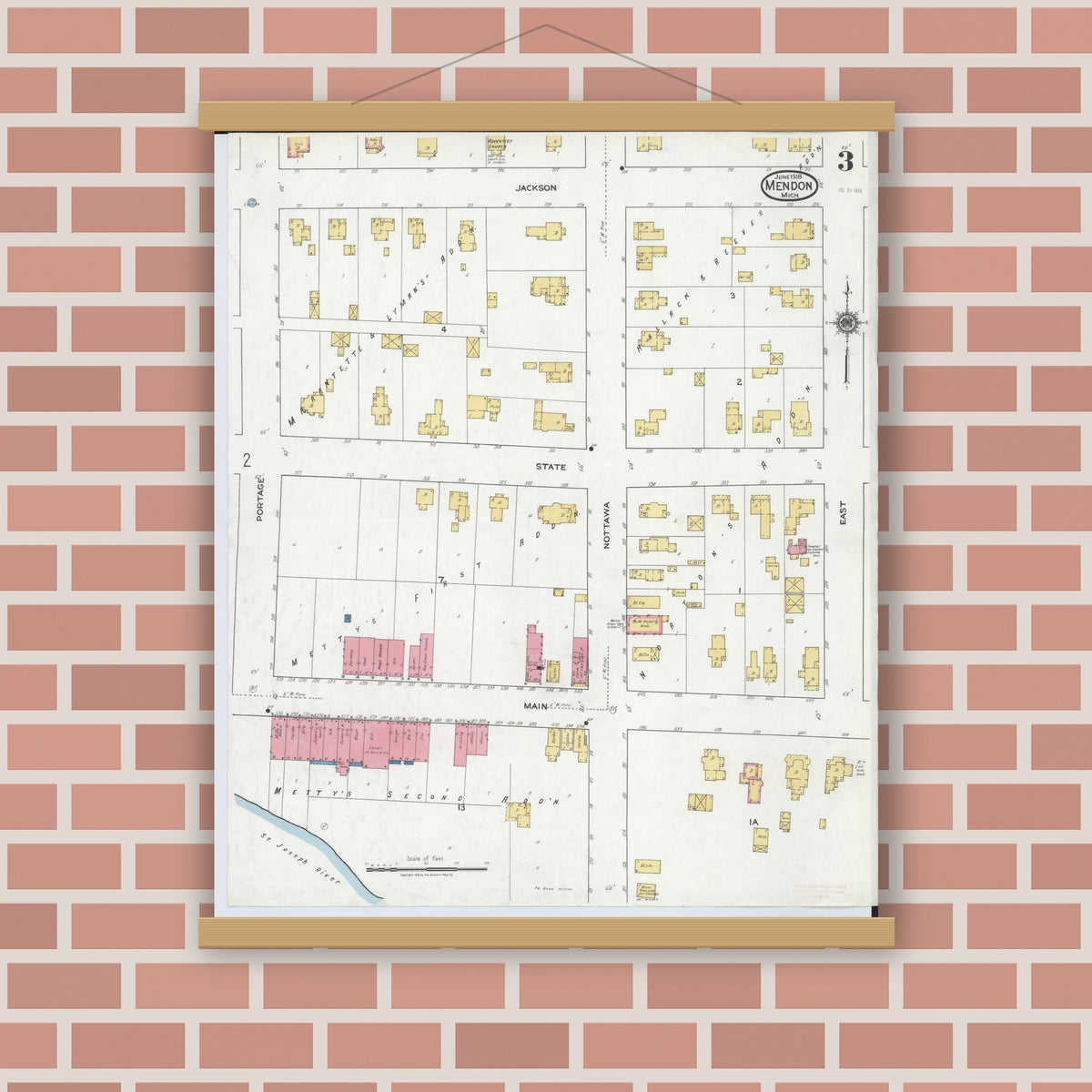 Old map wall art mockup — magnetic wood frame on brick wall — Sanborn Fire Insurance Map from Mendon, Saint Joseph County, Michigan (1918), Sheet #0003