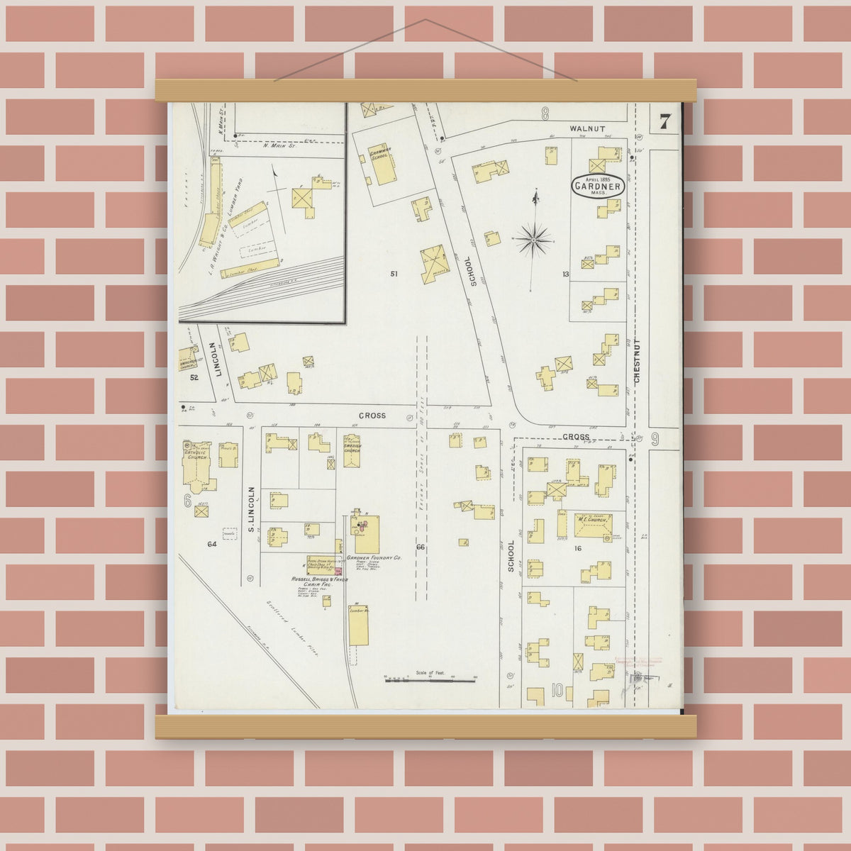 Old map wall art mockup — magnetic wood frame on brick wall — Sanborn Fire Insurance Map from Gardner, Worcester County, Massachusetts (1895), Sheet #0007