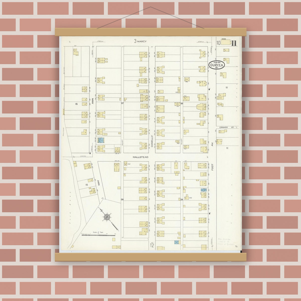Old map wall art mockup — magnetic wood frame on brick wall — Sanborn Fire Insurance Map from Duryea, Luzerne County, Pennsylvania (1914), Sheet #0011
