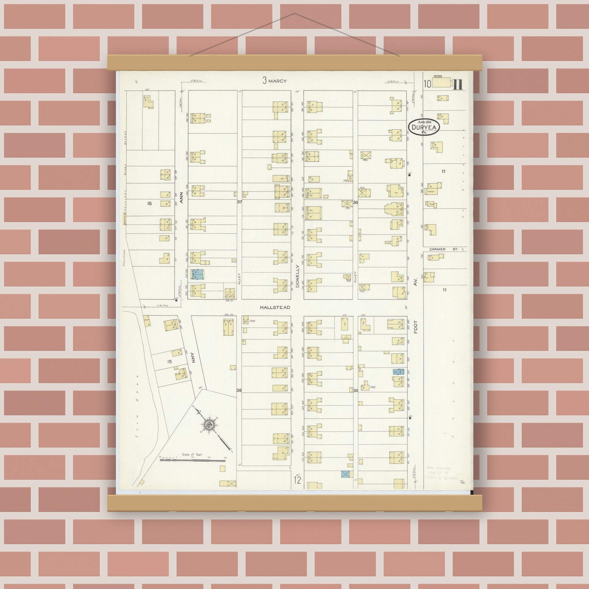 Old map wall art mockup — magnetic wood frame on brick wall — Sanborn Fire Insurance Map from Duryea, Luzerne County, Pennsylvania (1914), Sheet #0011