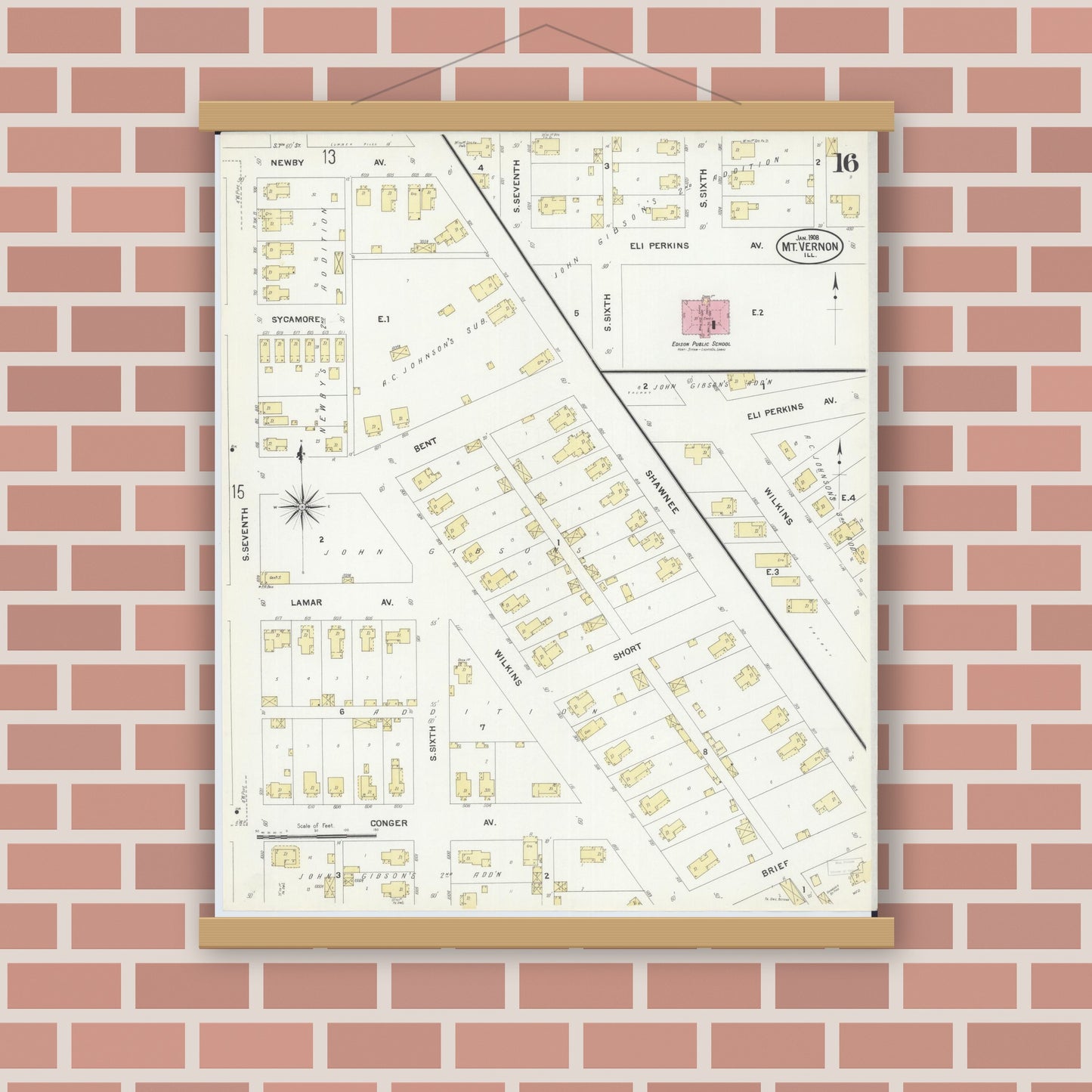Old map wall art mockup — magnetic wood frame on brick wall — Sanborn Fire Insurance Map from Mount Vernon, Jefferson County, Illinois (1908), Sheet #0016