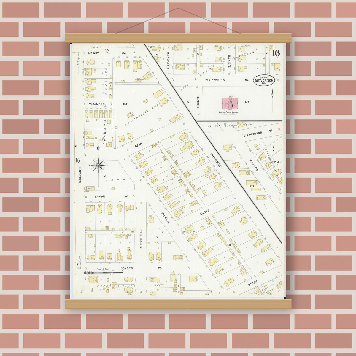 Old map wall art mockup — magnetic wood frame on brick wall — Sanborn Fire Insurance Map from Mount Vernon, Jefferson County, Illinois (1908), Sheet #0016