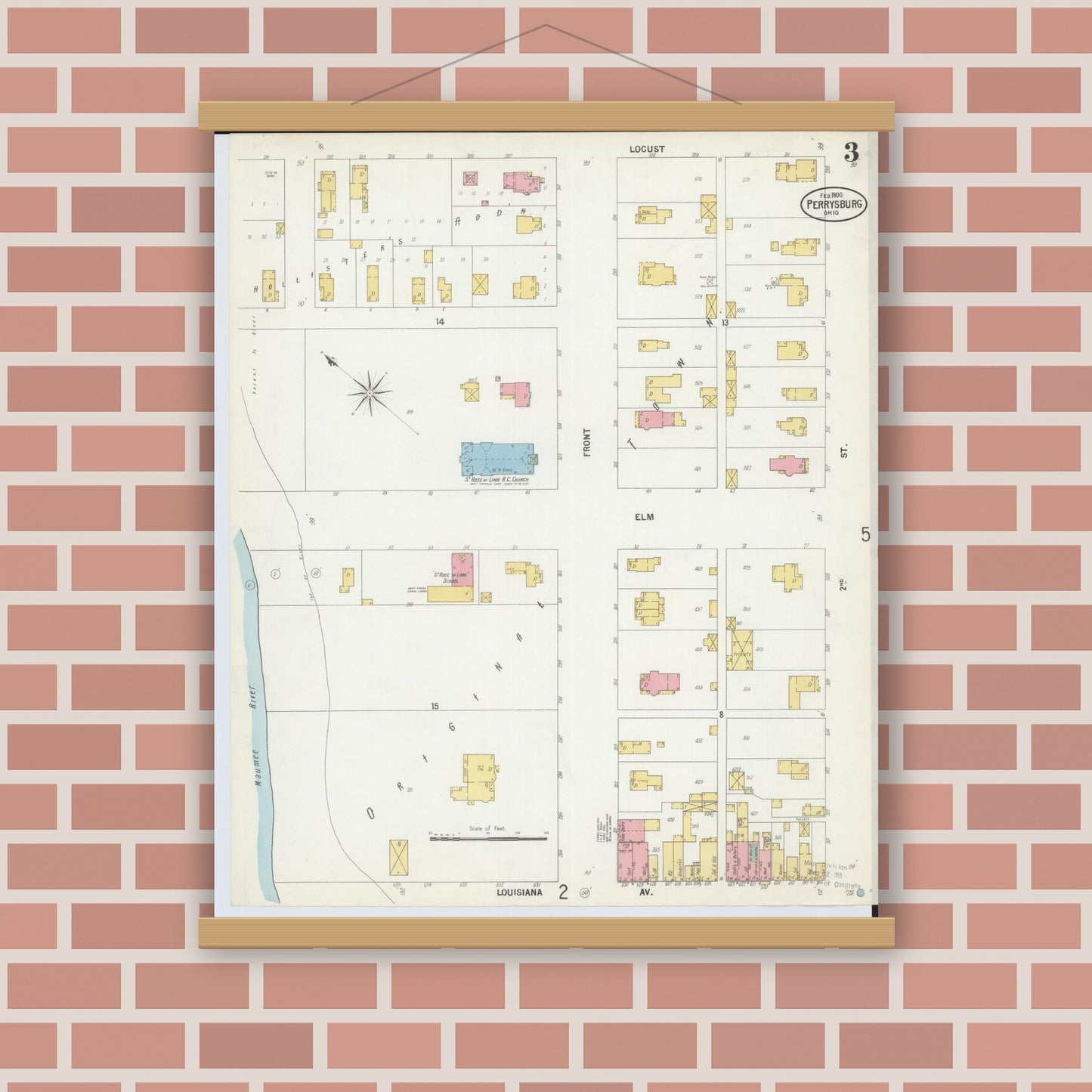 Old map wall art mockup — magnetic wood frame on brick wall — Sanborn Fire Insurance Map from Perrysburg, Wood County, Ohio (1900), Sheet #0003