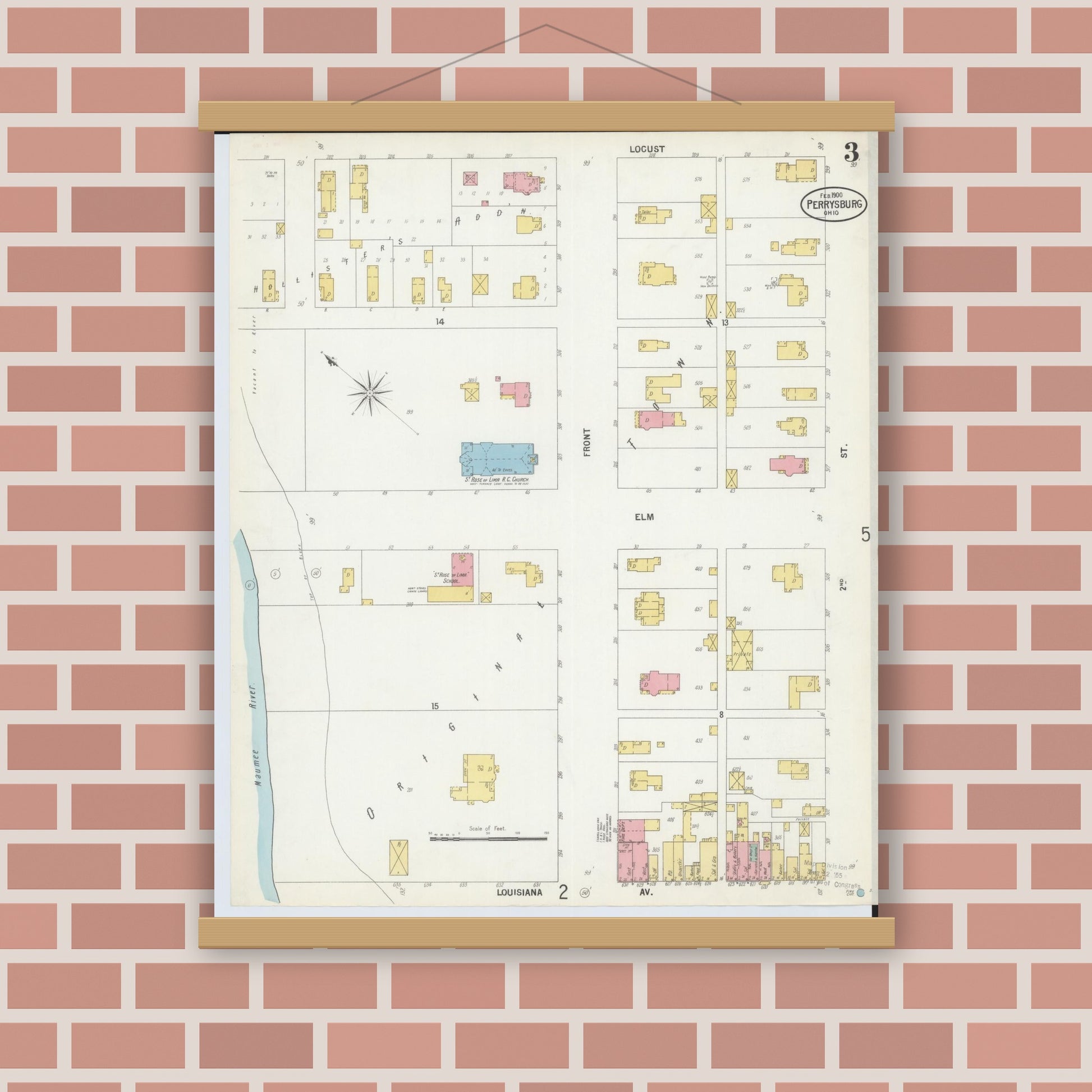 Old map wall art mockup — magnetic wood frame on brick wall — Sanborn Fire Insurance Map from Perrysburg, Wood County, Ohio (1900), Sheet #0003