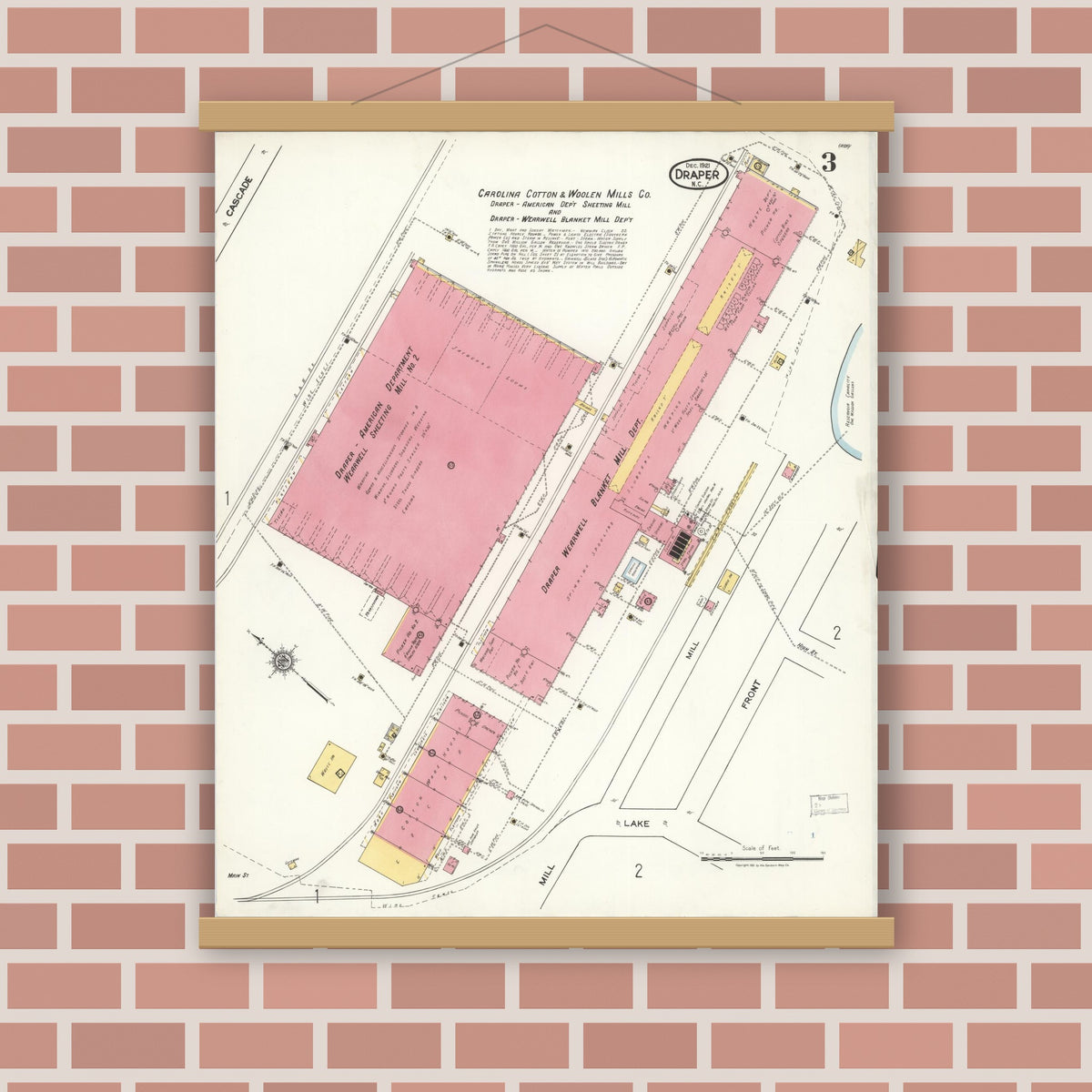 Old map wall art mockup — magnetic wood frame on brick wall — Sanborn Fire Insurance Map from Draper, Rockingham County, North Carolina (1921), Sheet #0003
