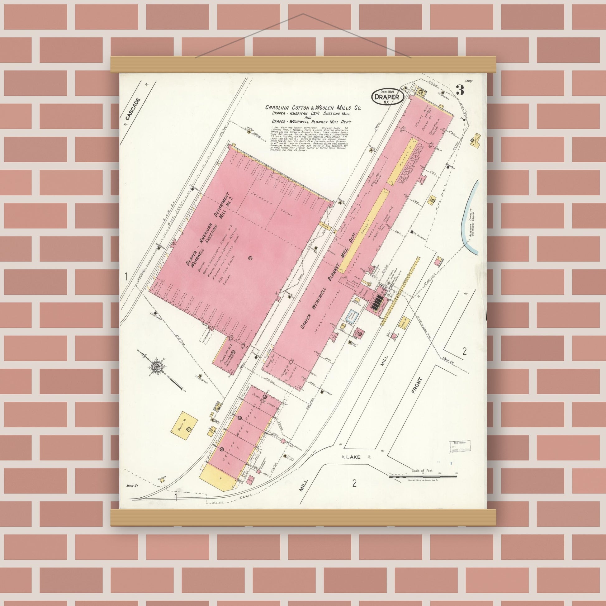 Old map wall art mockup — magnetic wood frame on brick wall — Sanborn Fire Insurance Map from Draper, Rockingham County, North Carolina (1921), Sheet #0003