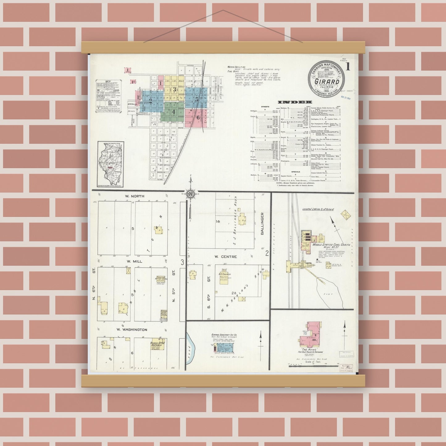 Old map wall art mockup — magnetic wood frame on brick wall — Sanborn Fire Insurance Map from Girard, Macoupin County, Illinois (1914) - Complete Map Set