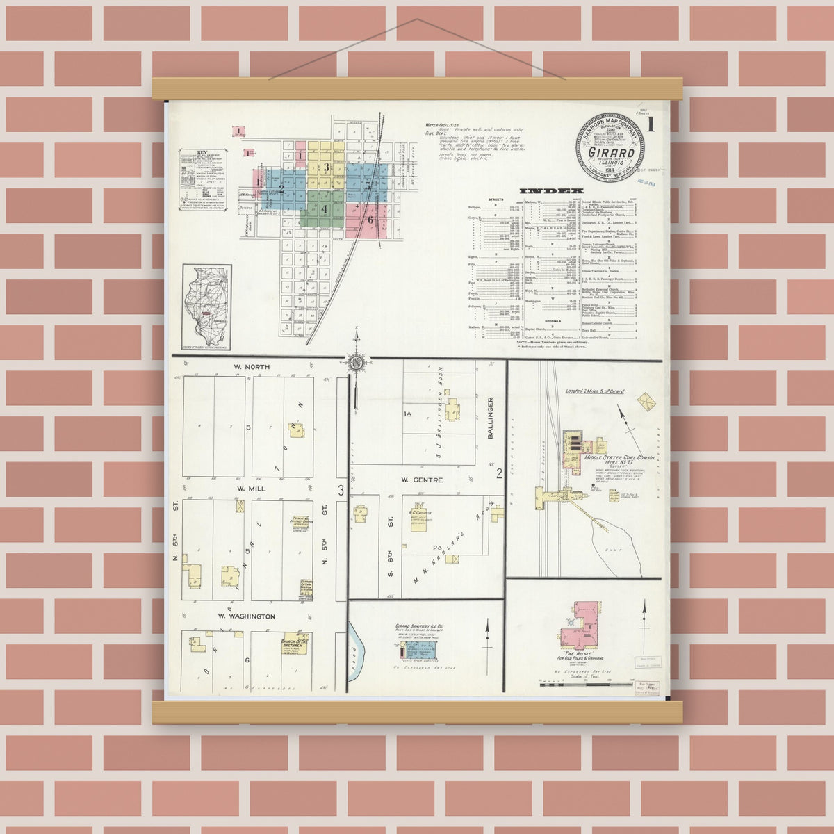 Old map wall art mockup — magnetic wood frame on brick wall — Sanborn Fire Insurance Map from Girard, Macoupin County, Illinois (1914) - Complete Map Set