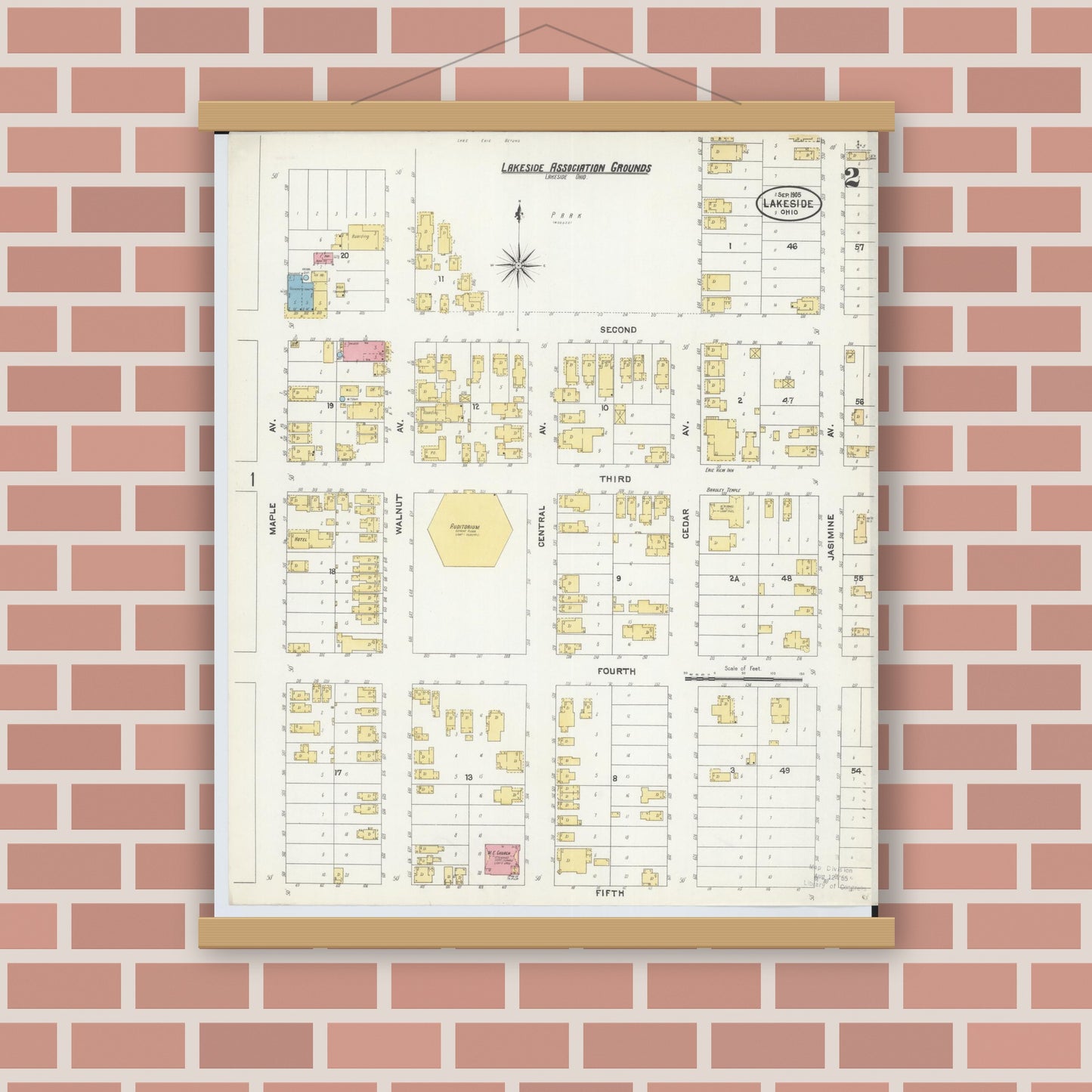 Old map wall art mockup — magnetic wood frame on brick wall — Sanborn Fire Insurance Map from Lakeside, Ottawa County, Ohio (1905), Sheet #0002