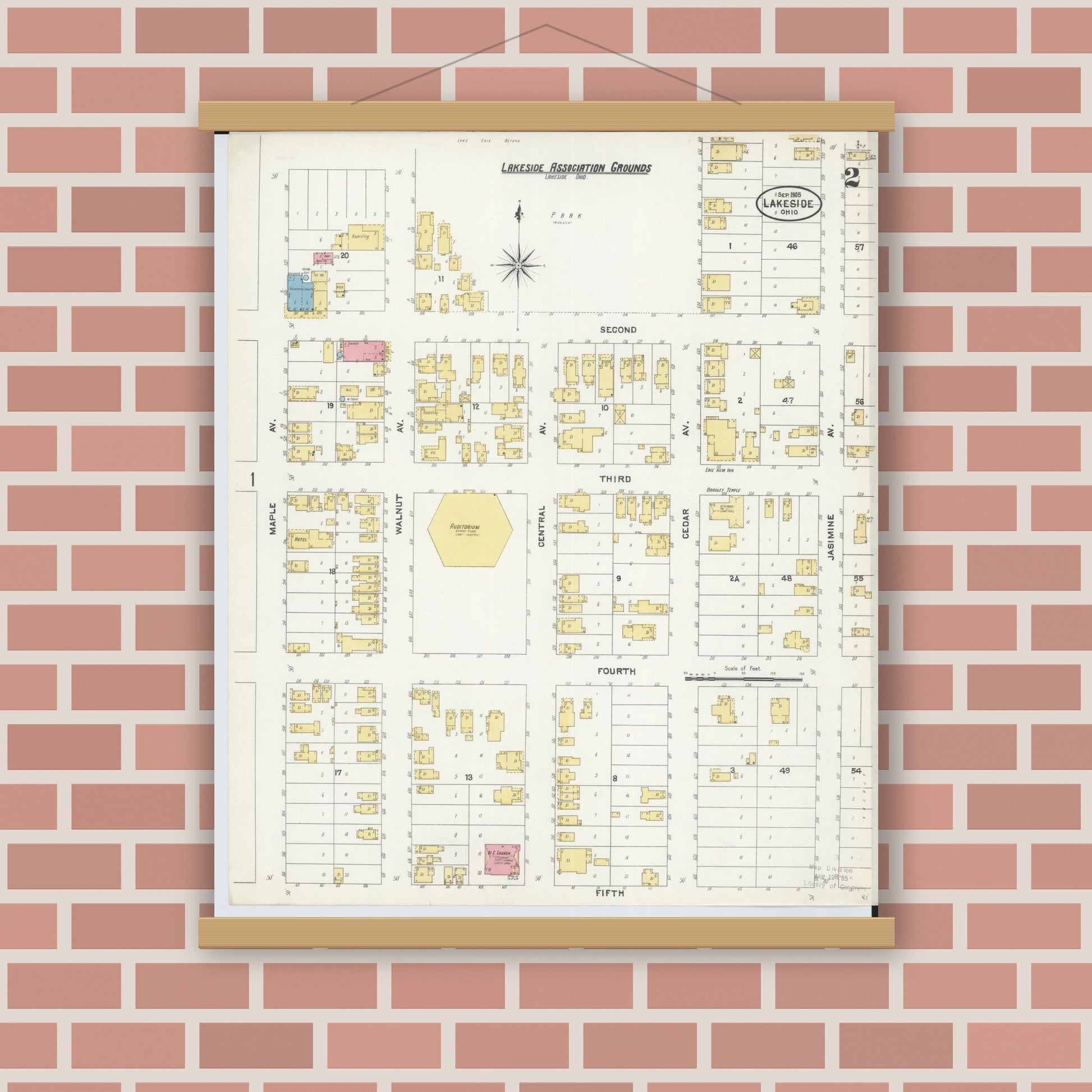Old map wall art mockup — magnetic wood frame on brick wall — Sanborn Fire Insurance Map from Lakeside, Ottawa County, Ohio (1905), Sheet #0002