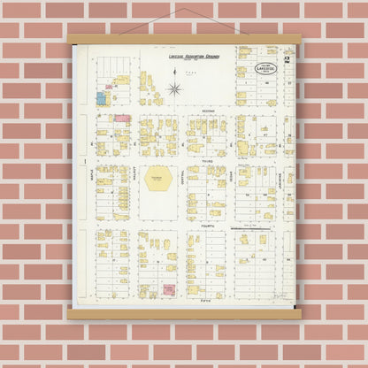Old map wall art mockup — magnetic wood frame on brick wall — Sanborn Fire Insurance Map from Lakeside, Ottawa County, Ohio (1905), Sheet #0002