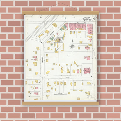 Old map wall art mockup — magnetic wood frame on brick wall — Sanborn Fire Insurance Map from Wellington, Lorain County, Ohio (1904), Sheet #0004