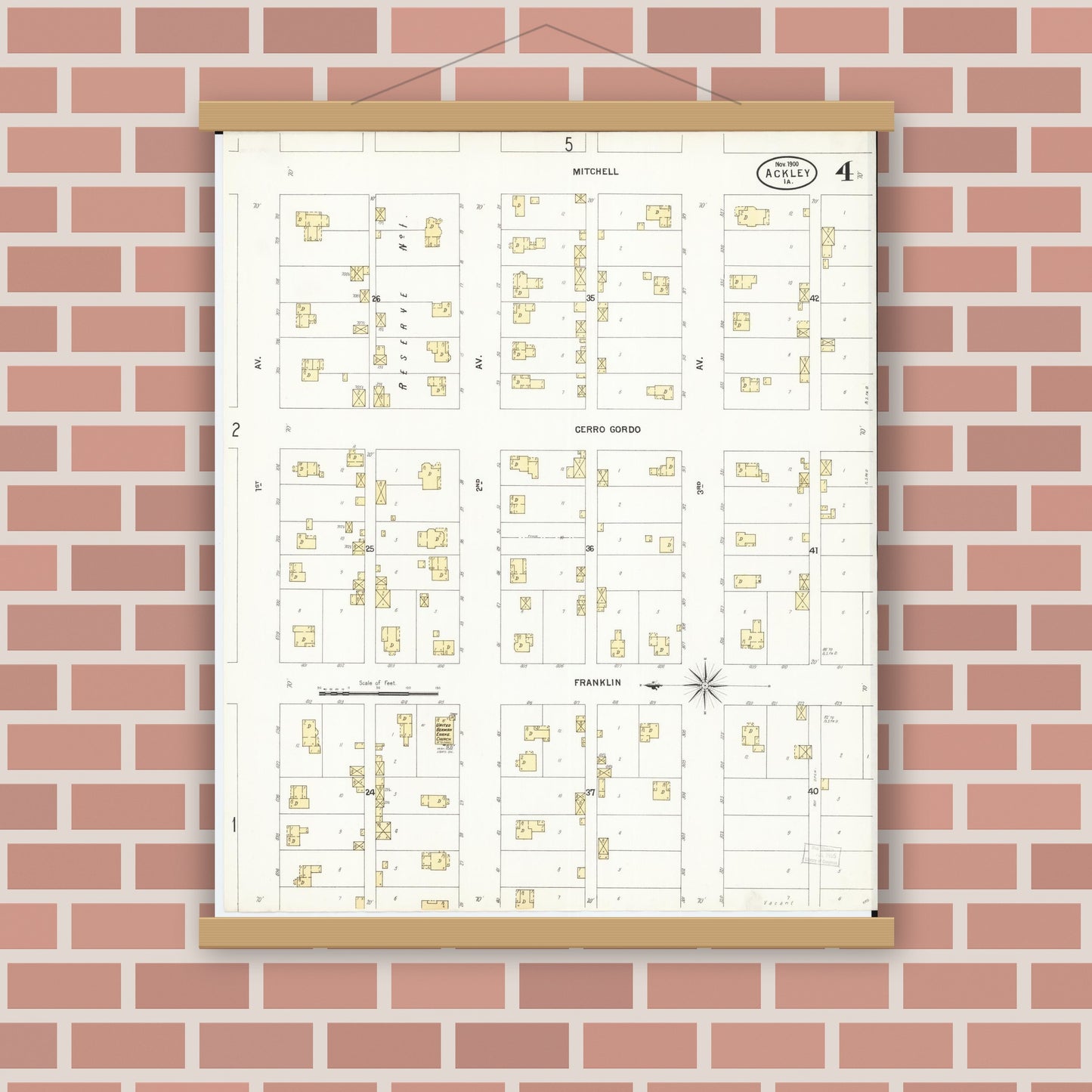 Old map wall art mockup — magnetic wood frame on brick wall — Sanborn Fire Insurance Map from Ackley, Hardin and Franklin Counties, Iowa (1900), Sheet #0004