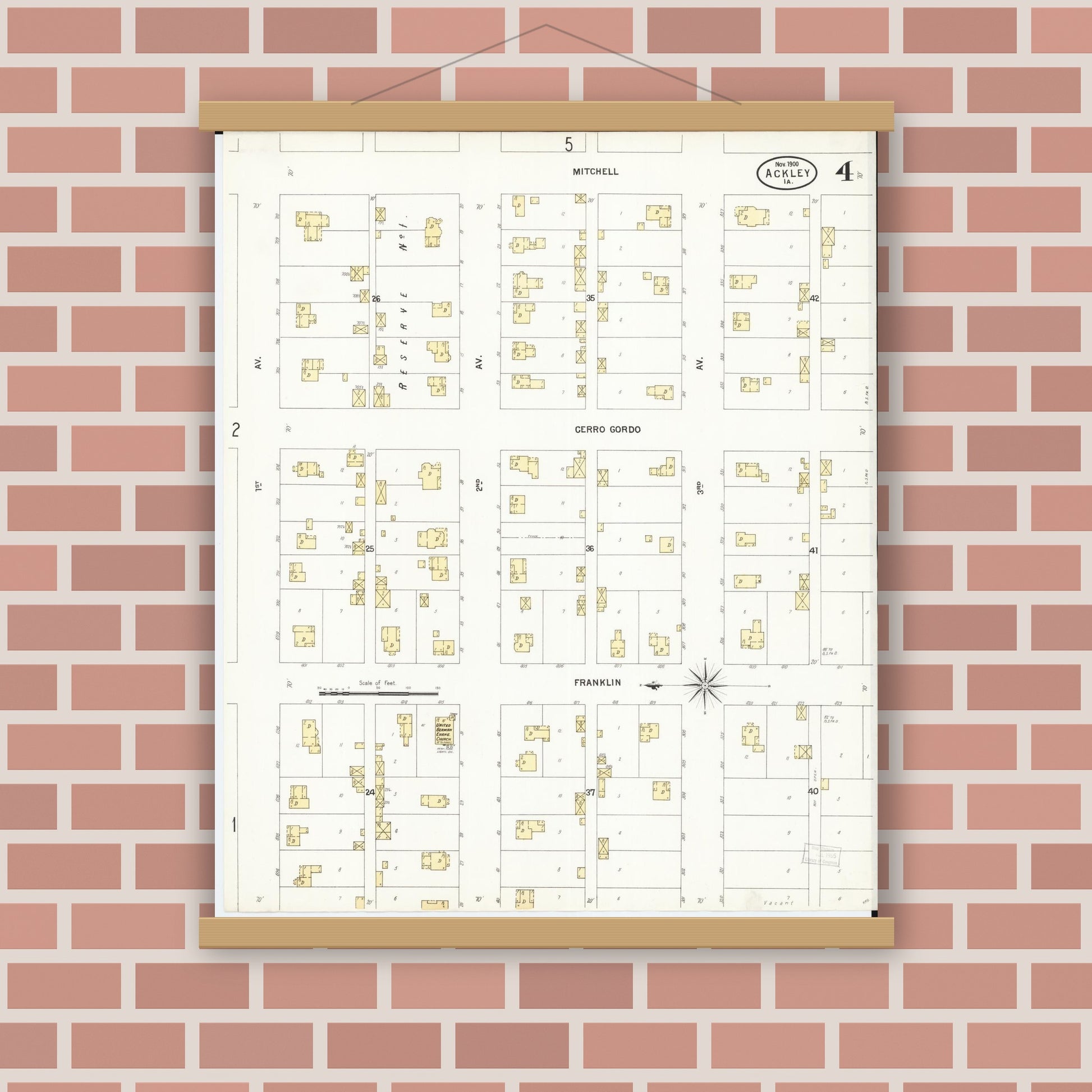 Old map wall art mockup — magnetic wood frame on brick wall — Sanborn Fire Insurance Map from Ackley, Hardin and Franklin Counties, Iowa (1900), Sheet #0004