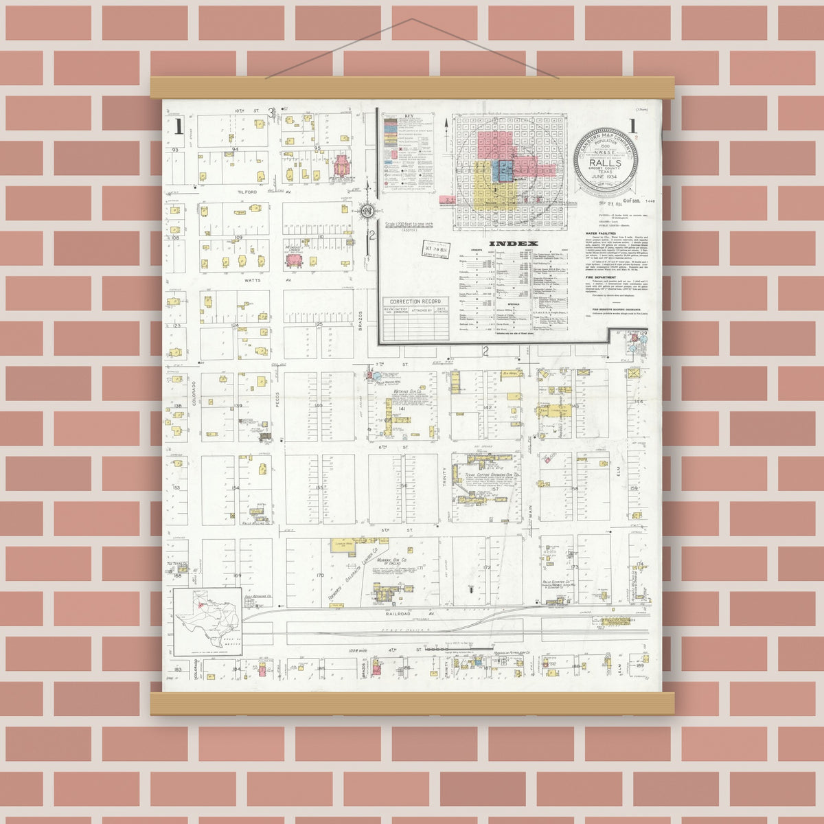 Old map wall art mockup — magnetic wood frame on brick wall — Sanborn Fire Insurance Map from Ralls, Crosby County, Texas (1934), Sheet #0001