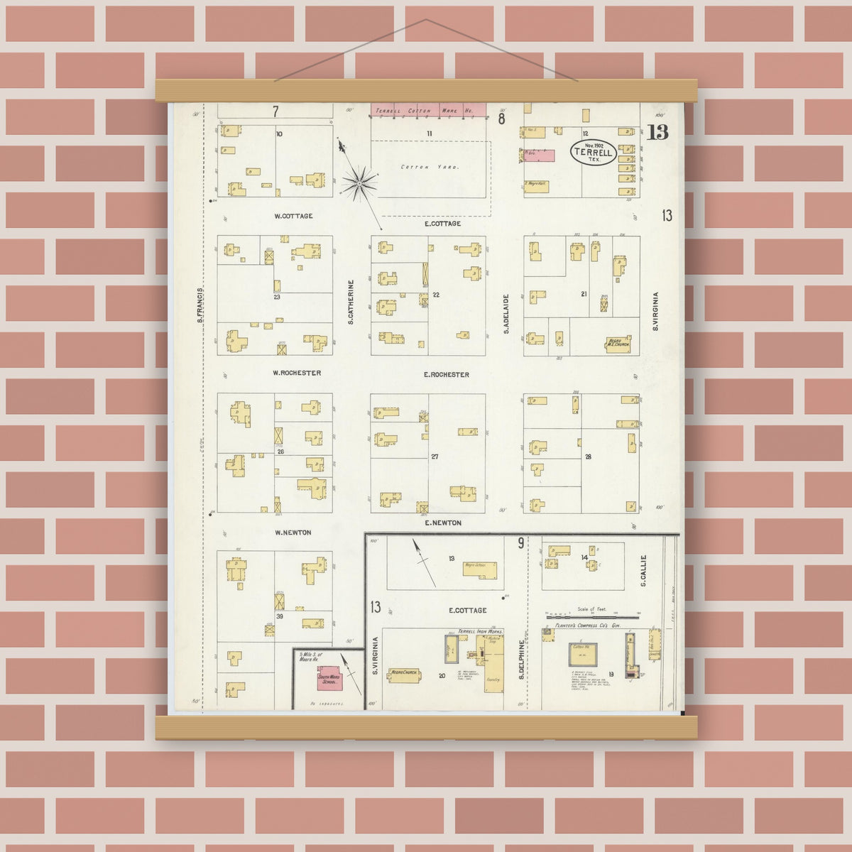 Old map wall art mockup — magnetic wood frame on brick wall — Sanborn Fire Insurance Map from Terrell, Kaufman County, Texas (1902), Sheet #0013