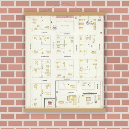Old map wall art mockup — magnetic wood frame on brick wall — Sanborn Fire Insurance Map from Terrell, Kaufman County, Texas (1902), Sheet #0013