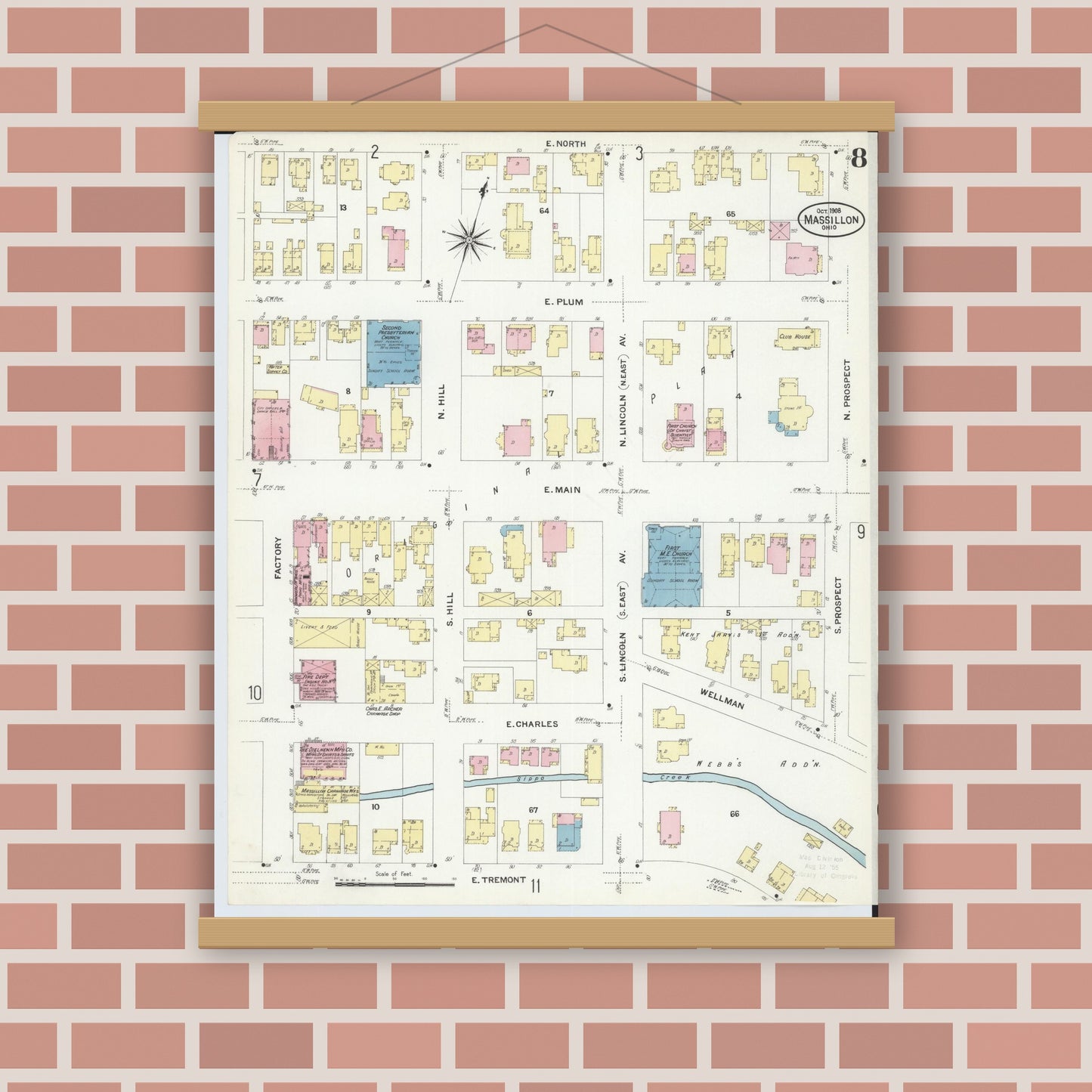 Old map wall art mockup — magnetic wood frame on brick wall — Sanborn Fire Insurance Map from Massillon, Stark County, Ohio (1908), Sheet #0008