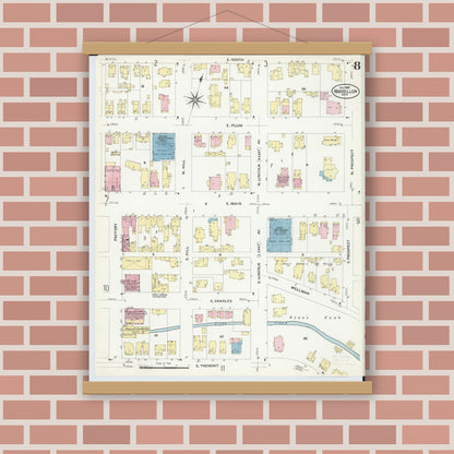 Old map wall art mockup — magnetic wood frame on brick wall — Sanborn Fire Insurance Map from Massillon, Stark County, Ohio (1908), Sheet #0008