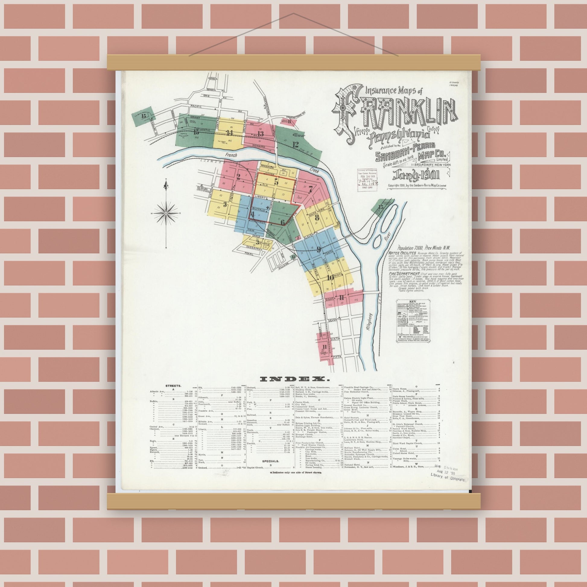 Old map wall art mockup — magnetic wood frame on brick wall — Sanborn Fire Insurance Map from Franklin, Venango County, Pennsylvania (1901) - Complete Map Set